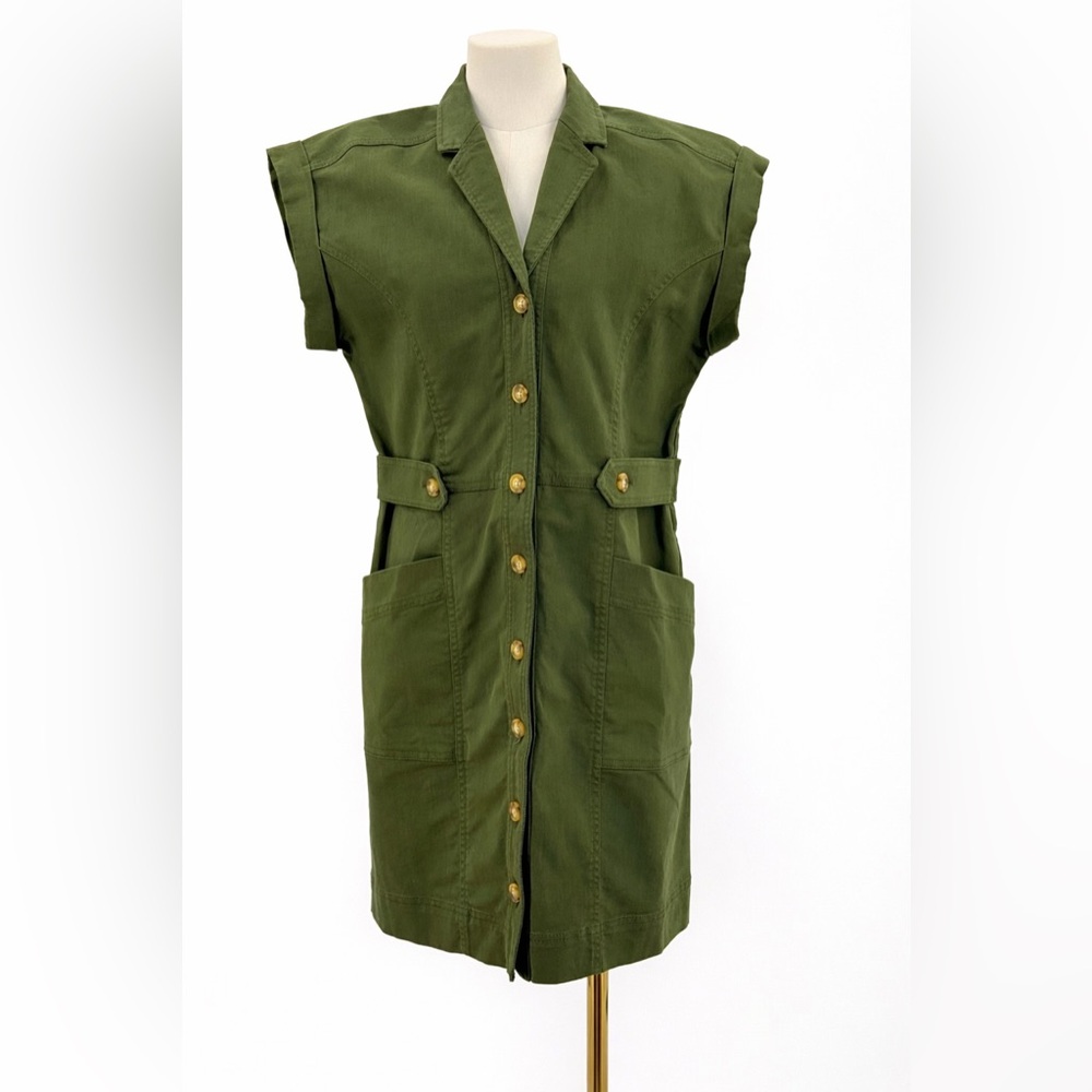 Loft Olive Green Utility Shirt Dress Button Front Safari Style with Pockets SZ-4 - Picture 2 of 12